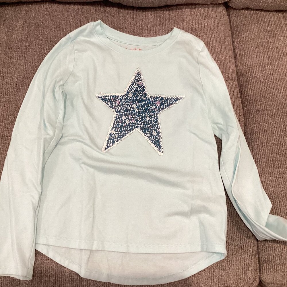 Cat & Jack Light Teal/Blue Long Sleeve T-Shirt w/Flip Sequence Star, Size M (7/8